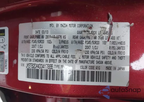 2013 Mazda Cx-9 Grand Touring from USA, damaged, VIN JM3TB2DA4D0417866